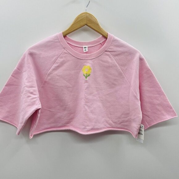 BP Womens Small Organic Cotton Crop Sweatshirt Pink Flower Embroidered 1699 - Picture 2 of 7